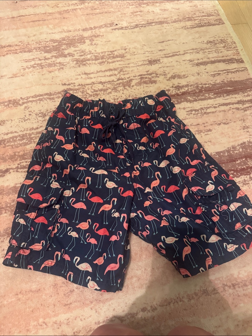 Kanu Surf Navy Swim Trunks with Pink Flamingo Pattern